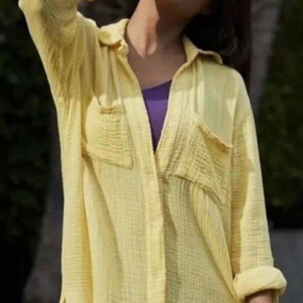 Monrow Gauze 100% Cotton Button Down Shirt Coverup Women's Small Yellow